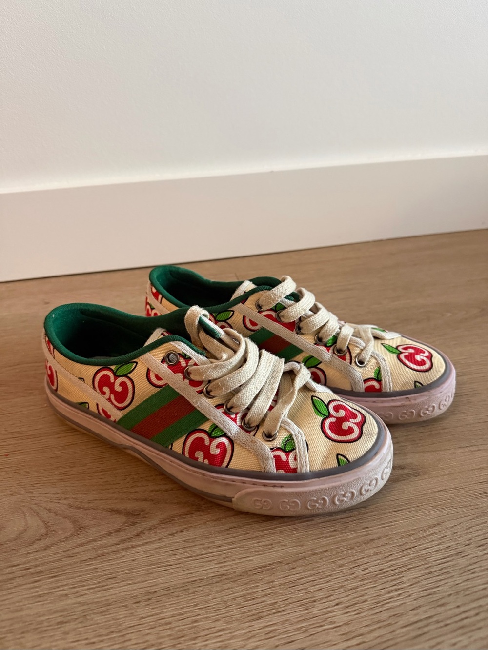 Gucci Cream Canvas Cherry Print Sneakers with Red and Green Accents